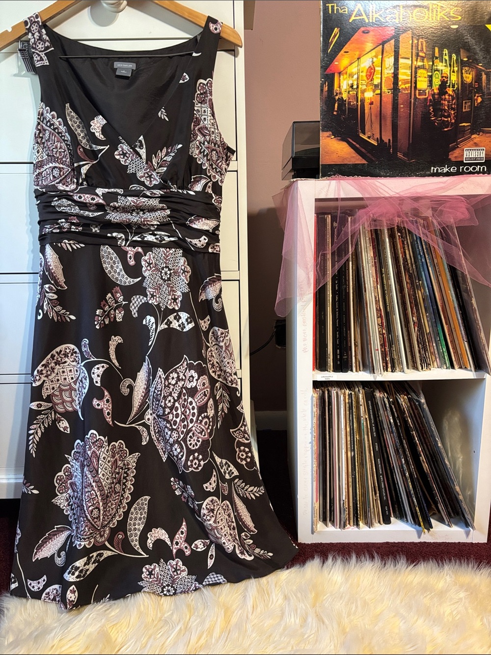 Y2K Silk Ann Taylor Vintage 90’s Printed Dress Babydoll Midi Pink Brown Fall 6 M
